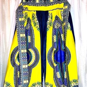 Traditional African Dashiki Yellow/Blue Print Palozo Pants with Belt Size M NWOT
